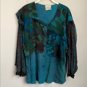 URU Rayon Button Up Teal Blouse One Size